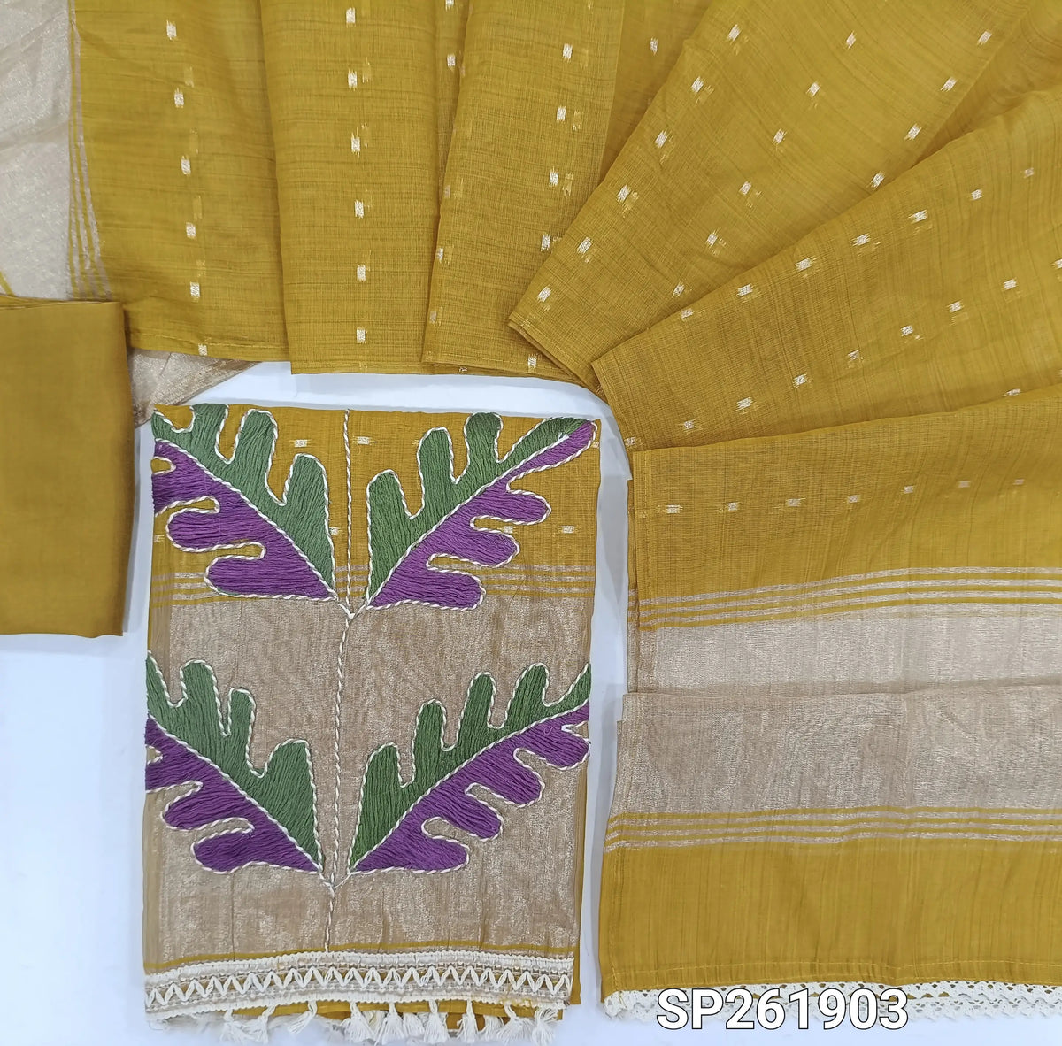 Mehandhi yellow silk cotton unstitched salwar material, V neck, zari buttas all over, thread embroidery with tissue daman,(lining needed) spun cotton bottom, zari buttas on silk cotton dupatta with gold tissue pallu. SP261903