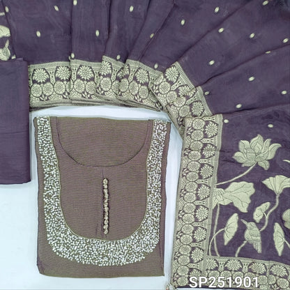 Dark purple base tissue silk cotton unstitched salwar material,cut bead, sequins and potli buttons on yoke,thin gold zari lines all over,(lining needed)santoon bottom, benarasi weaving on short width organza silk dupatta with rich pallu. SP261901