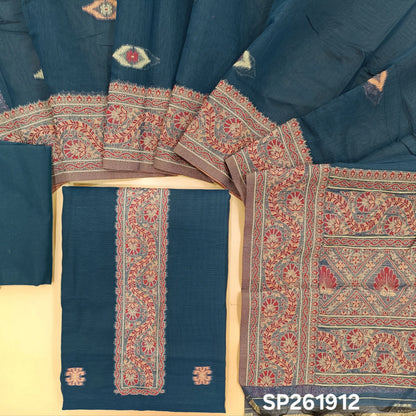 Dark blue silk cotton unstitched salwar material,buttas all over, thread weaving on yoke and daman,(lining needed)silky bottom, silk cotton dupatta with rich thread woven pallu and borders. SP261912