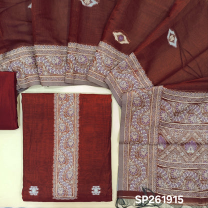Reddish maroon silk cotton unstitched salwar material,buttas all over, thread weaving on yoke and daman,(lining needed)silky bottom, silk cotton dupatta with rich thread woven pallu and borders. SP261915