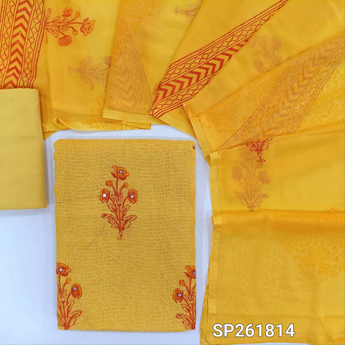 Pastel yellow kota unstitched salwar material,block printed, self embroidery and  faux mirror on front(Lining Needed) cotton bottom, block printed chiffon dupatta. SP261814
