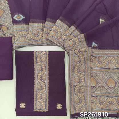 Dark purple silk cotton unstitched salwar material,buttas all over, thread weaving on yoke and daman,(lining needed)silky bottom, silk cotton dupatta with rich thread woven pallu and borders. SP261910