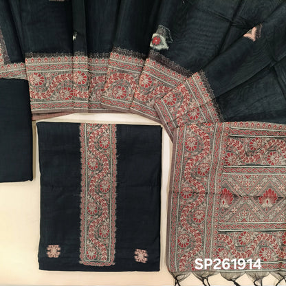 Black silk cotton unstitched salwar material,buttas all over, thread weaving on yoke and daman,(lining needed)silky bottom, silk cotton dupatta with rich thread woven pallu and borders. SP261914