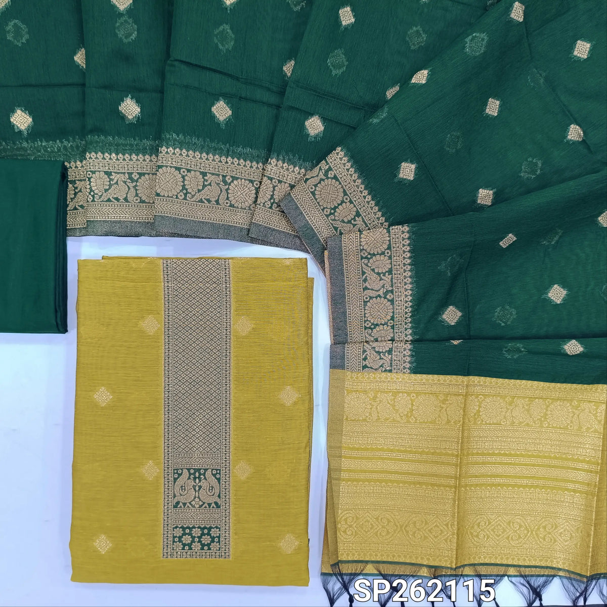 Light mehandhi green silk cotton unstitched salwar material,benarasi zari weaving on front, rich weaving daman,(lining needed)teal green silky bottom, zari weaving on silk cotton dupatta with contrast pallu and zari borders. SP262115