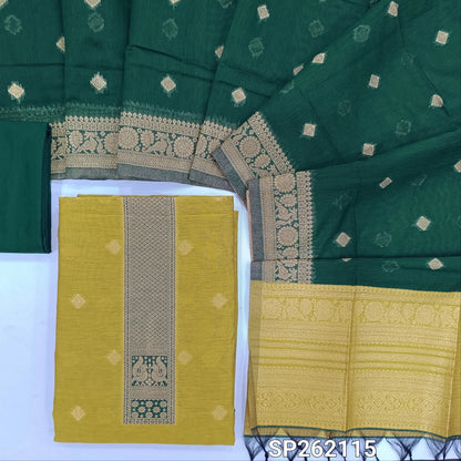 Light mehandhi green silk cotton unstitched salwar material,benarasi zari weaving on front, rich weaving daman,(lining needed)teal green silky bottom, zari weaving on silk cotton dupatta with contrast pallu and zari borders. SP262115