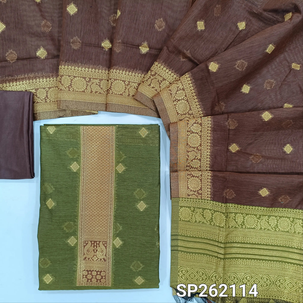 Olive green silk cotton unstitched salwar material,benarasi zari weaving on front, rich weaving daman,(lining needed)dark brown silky bottom, zari weaving on silk cotton dupatta with contrast pallu and zari borders. SP262114