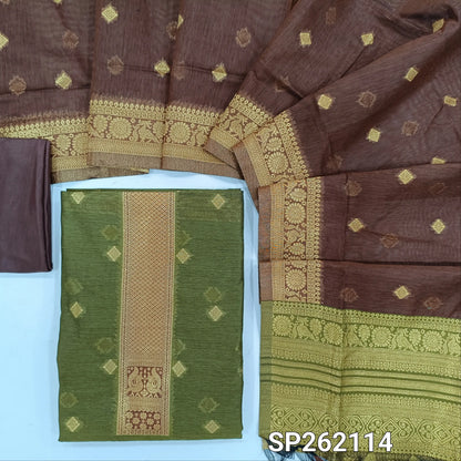 Olive green silk cotton unstitched salwar material,benarasi zari weaving on front, rich weaving daman,(lining needed)dark brown silky bottom, zari weaving on silk cotton dupatta with contrast pallu and zari borders. SP262114