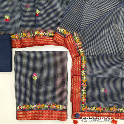 Blue tissue chanderi kota unstitched salwar material,checked design & embroidery all over, zari woven and embroidery daman borders,( lining needed)santoon bottom, tissue chanderi kota dupatta with rich hand embroidery and borders. SP262002