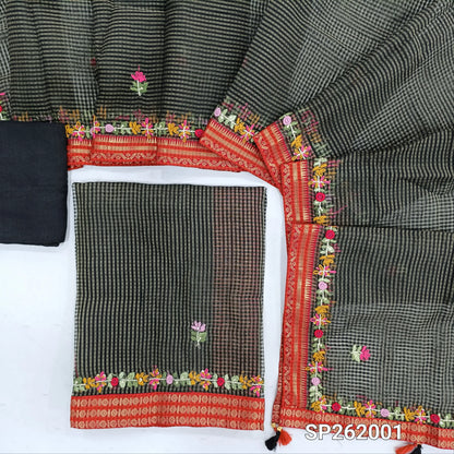 Black tissue chanderi kota unstitched salwar material,checked design & embroidery all over, zari woven and embroidery daman borders,( lining needed)santoon bottom, tissue chanderi kota dupatta with rich hand embroidery and borders. SP262001