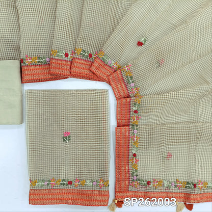 Rich beige tissue chanderi kota unstitched salwar material,checked design & embroidery all over, zari woven and embroidery daman borders,( lining needed)santoon bottom, tissue chanderi kota dupatta with rich hand embroidery and borders. SP262003
