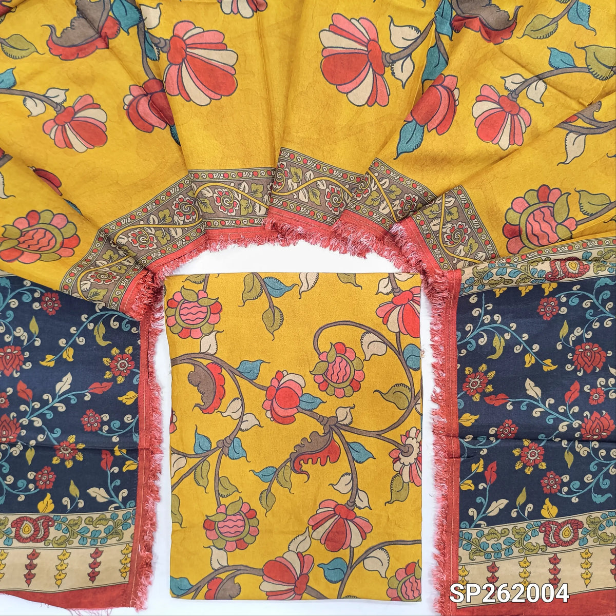 PRE ORDER : SHIPPING AFTER 30 DAYS Mehandhi yellow floral printed pure dola silk unstitched salwar material,(shiny,lining needed)NO BOTTOM, printed pure dola silk dupatta with rich pallu(TAPPING NEEDED). SP262004