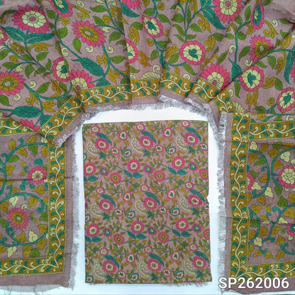 PRE ORDER : SHIPPING AFTER 30 DAYS Mauve shade floral printed pure dola silk unstitched salwar material,(shiny,lining needed)NO BOTTOM, printed pure dola silk dupatta with rich pallu(TAPPING NEEDED). SP262006