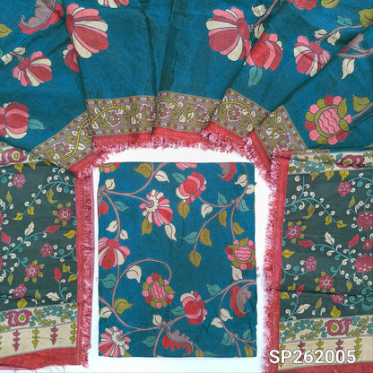 PRE ORDER : SHIPPING AFTER 30 DAYS Dark teal blue floral printed pure dola silk unstitched salwar material,(shiny,lining needed)NO BOTTOM, printed pure dola silk dupatta with rich pallu(TAPPING NEEDED). SP262005
