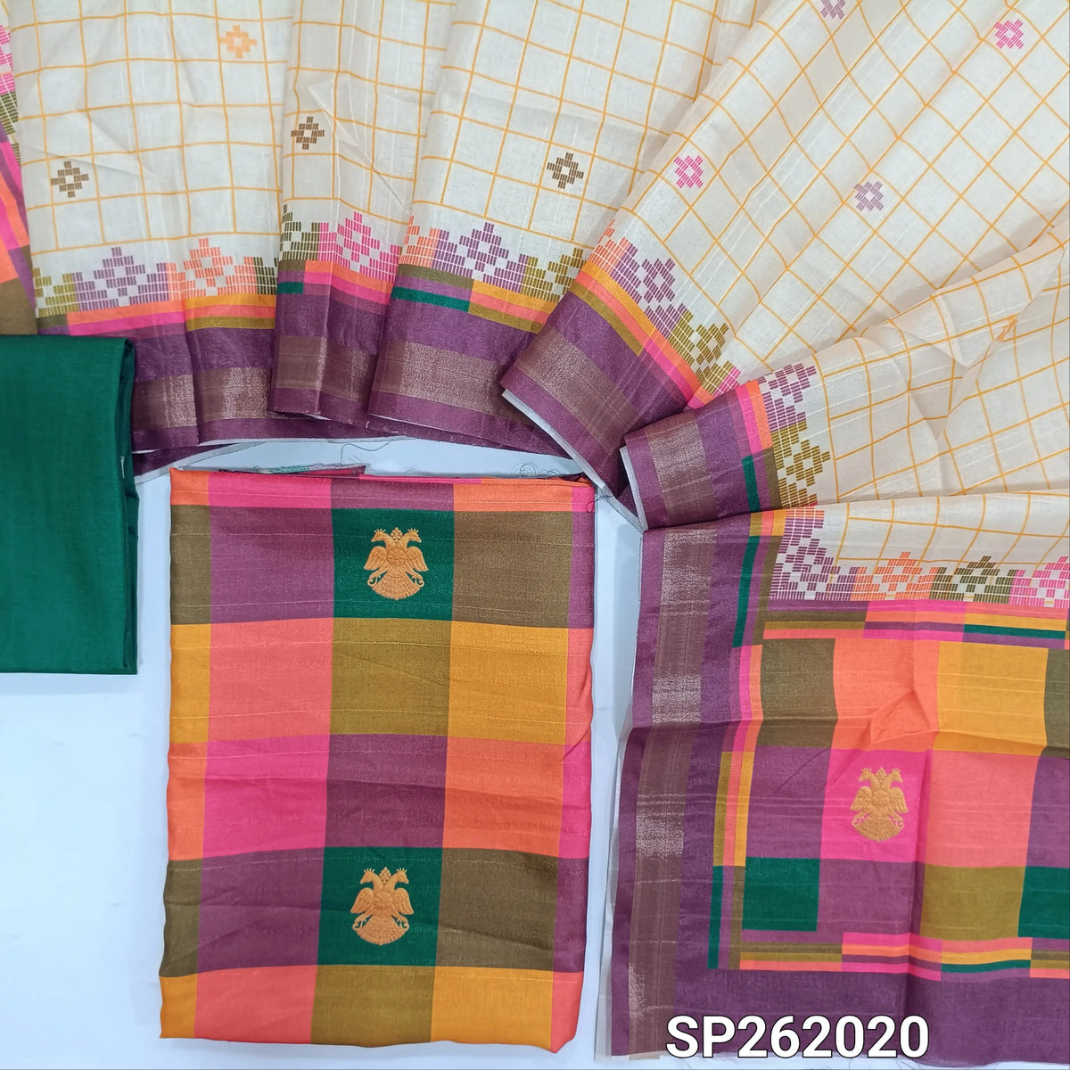 Multicoloured semi tussar unstitched salwar material, printed and checked design all over,(lining needed)green semi tussar bottom,printed semi tussar dupatta with borders(TAPPING NEEDED). SP262020