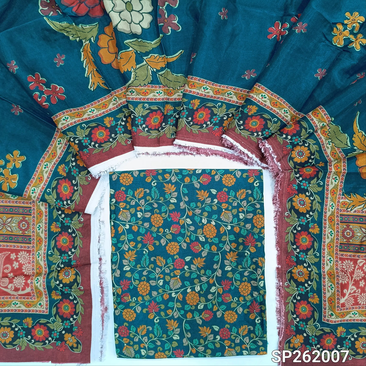 PRE ORDER : SHIPPING AFTER 30 DAYS Teal blue floral printed pure dola silk unstitched salwar material,(shiny,lining needed)NO BOTTOM, printed pure dola silk dupatta with rich pallu(TAPPING NEEDED). SP262007
