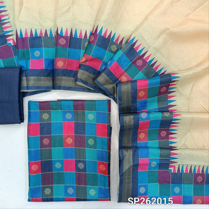 Multicoloured semi tussar unstitched salwar material, printed and checked design all over,(lining needed)blue semi tussar bottom,printed semi tussar dupatta with borders(TAPPING NEEDED). SP262015