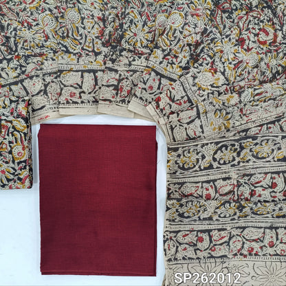 Dark maroon handloom cotton unstitched salwar material,(lining optional)kalamkari hand block printed cotton bottom,hand block printed mul cotton dupatta(TAPPING NEEDED). SP262012