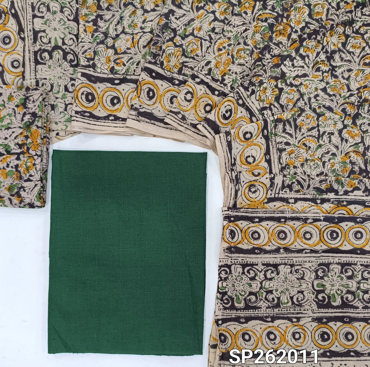 Dark green handloom cotton unstitched salwar material,(lining optional)kalamkari hand block printed cotton bottom,hand block printed mul cotton dupatta(TAPPING NEEDED). SP262011
