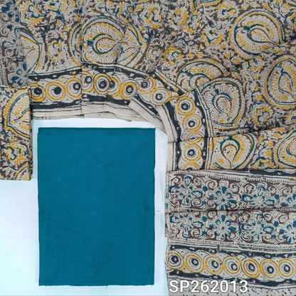 Teal blue handloom cotton unstitched salwar material,(lining optional)kalamkari hand block printed cotton bottom,hand block printed mul cotton dupatta(TAPPING NEEDED). SP262013