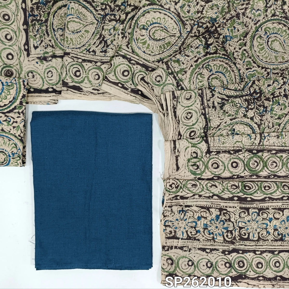 Dark Blue handloom cotton unstitched salwar material,(lining optional)kalamkari hand block printed cotton bottom,hand block printed mul cotton dupatta(TAPPING NEEDED). SP262010