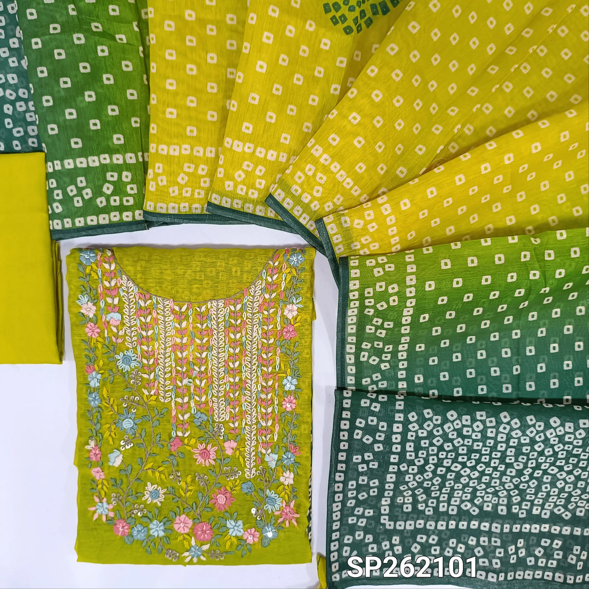 Designer mehandhi yellow silk cotton unstitched salwar material,hand embroidery work on yoke,bandhini printed daman,(DARK GREEN)(Lining Needed)santoon bottom, dual shaded digital printed silk cotton dupatta. SP262101