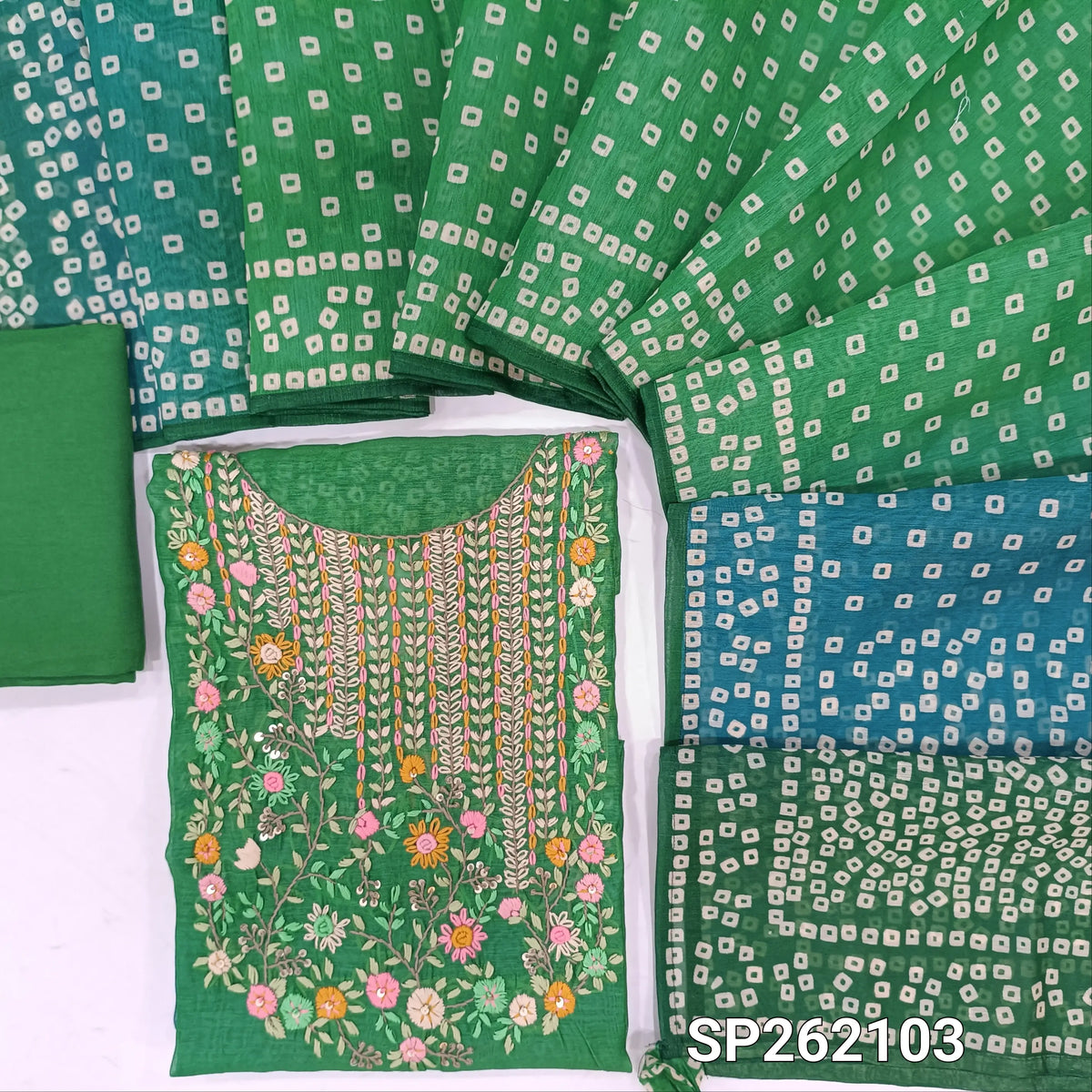 Designer turquoise green silk cotton unstitched salwar material,hand embroidery work on yoke,bandhini printed daman,(BLUE)(Lining Needed)santoon bottom, dual shaded digital printed silk cotton dupatta. SP262103