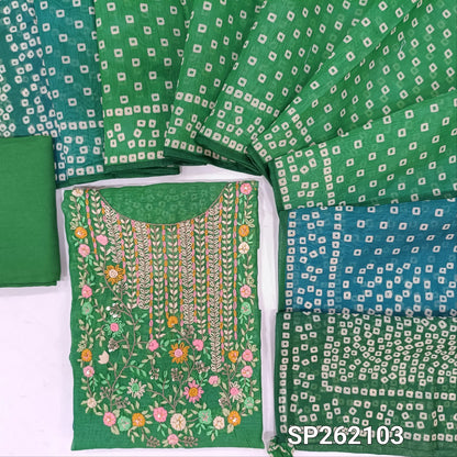 Designer turquoise green silk cotton unstitched salwar material,hand embroidery work on yoke,bandhini printed daman,(BLUE)(Lining Needed)santoon bottom, dual shaded digital printed silk cotton dupatta. SP262103