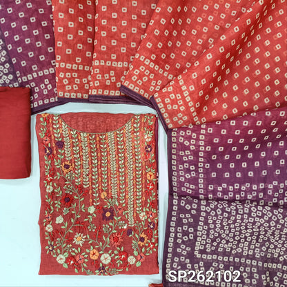 Designer reddish maroon silk cotton unstitched salwar material,hand embroidery work on yoke,bandhini printed daman,(PURPLE)(Lining Needed)santoon bottom, dual shaded digital printed silk cotton dupatta. SP262102