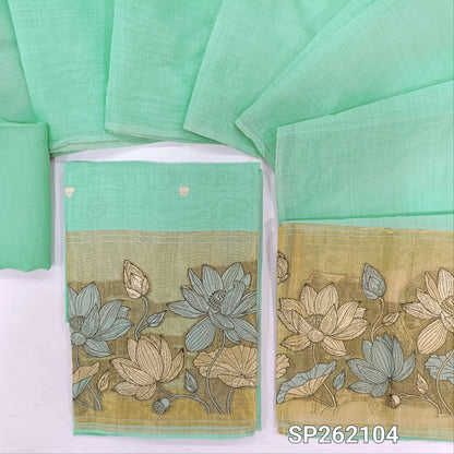 Sea green silk cotton unstitched salwar material,buttas on front,tissue borders with thread and zari embroidery on daman(Lining Needed)santoon bottom,silk cotton dupatta with gold tissue pallu with embroidery. SP262104