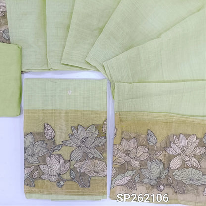Pastel green silk cotton unstitched salwar material,buttas on front,tissue borders with thread and zari embroidery on daman(Lining Needed)santoon bottom,silk cotton dupatta with gold tissue pallu with embroidery. SP262106