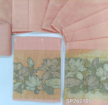 Pastel pink silk cotton unstitched salwar material,buttas on front,tissue borders with thread and zari embroidery on daman(Lining Needed)santoon bottom,silk cotton dupatta with gold tissue pallu with embroidery. SP262105