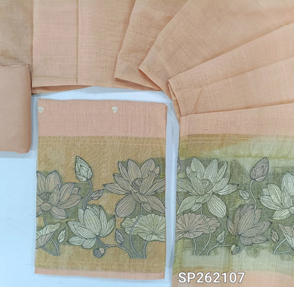 Peachish pink silk cotton unstitched salwar material,buttas on front,tissue borders with thread and zari embroidery on daman(Lining Needed)santoon bottom,silk cotton dupatta with gold tissue pallu with embroidery. SP262107