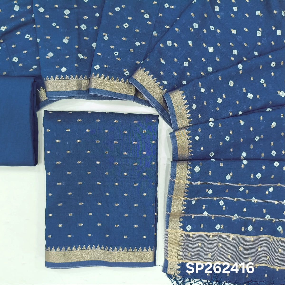 Royal blue premium uppada silk unstitched salwar material,zari buttas all over, (Lining Needed)premium silk bottom,buttas with tie & dye on uppada silk dupatta with fancy tassles. SP262416