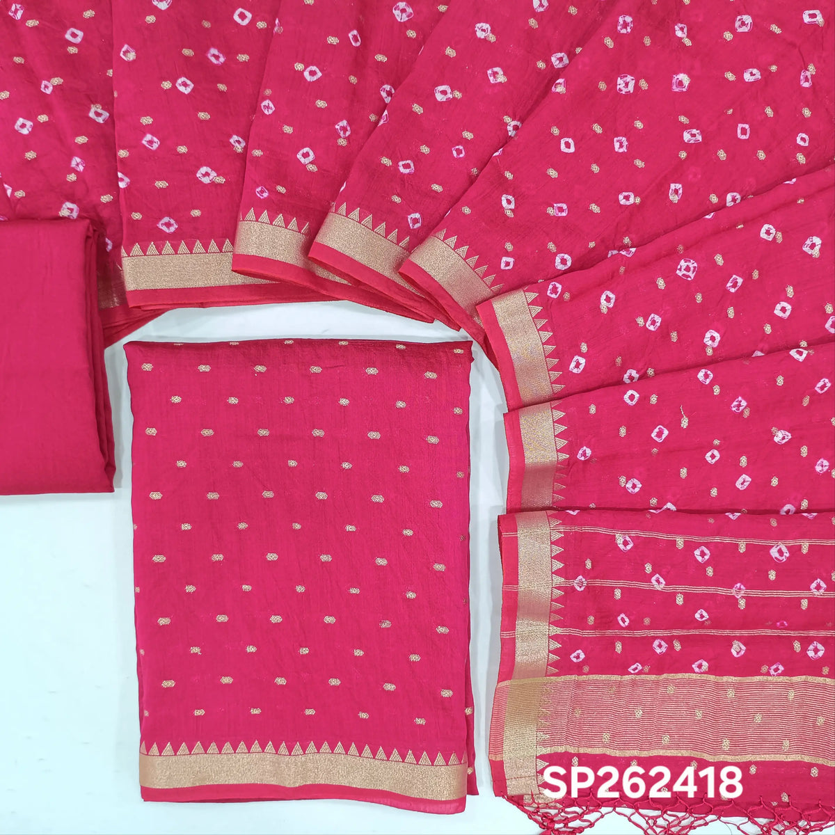 Bright pink premium uppada silk unstitched salwar material,zari buttas all over, (Lining Needed)premium silk bottom,buttas with tie & dye on uppada silk dupatta with fancy tassles. SP262418