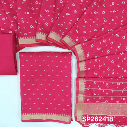 Bright pink premium uppada silk unstitched salwar material,zari buttas all over, (Lining Needed)premium silk bottom,buttas with tie & dye on uppada silk dupatta with fancy tassles. SP262418
