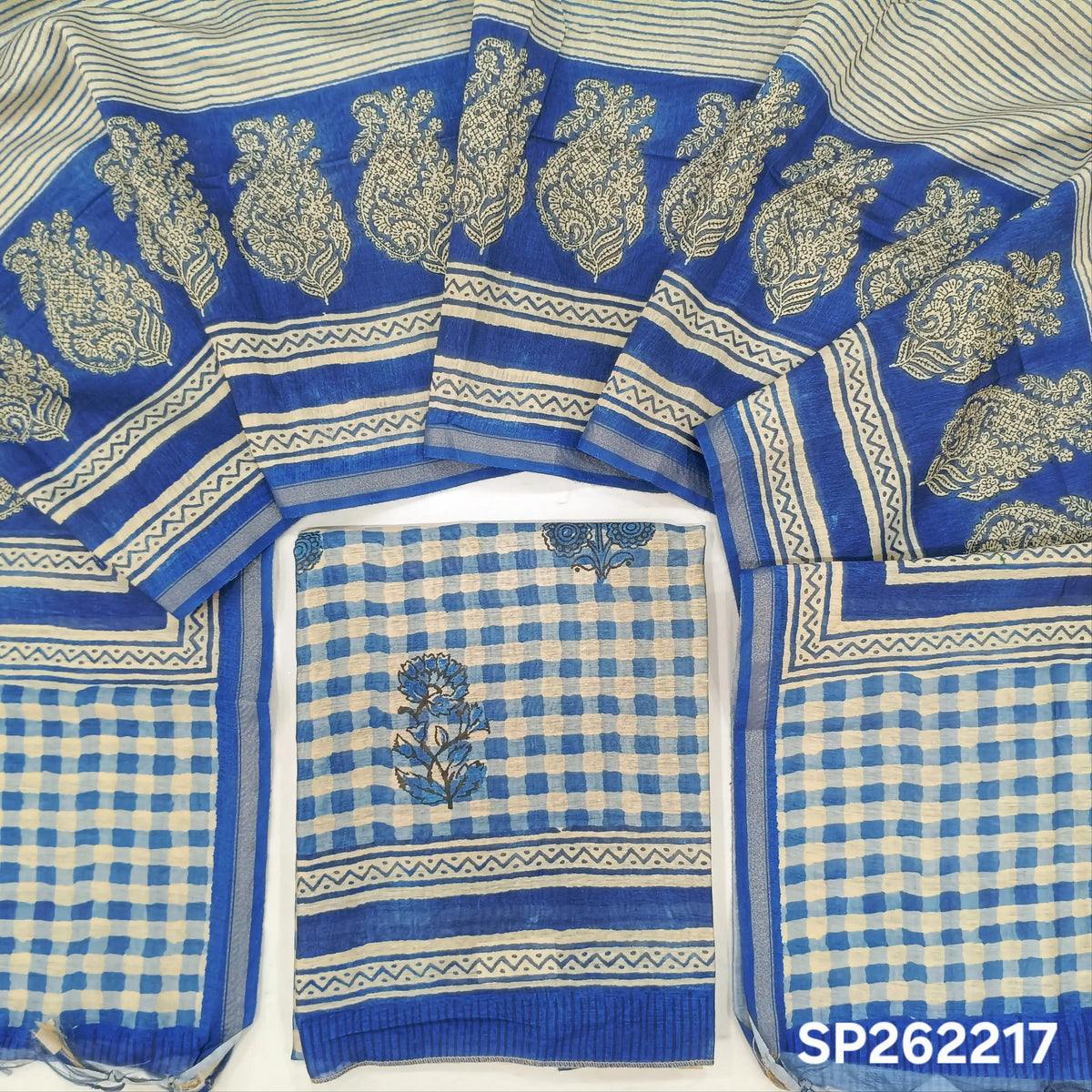 Blue shade digital printed premium chanderi silk cotton unstitched salwar material,checked all over(lining needed)NO BOTTOM, digital printed silk cotton dupatta. SP262217