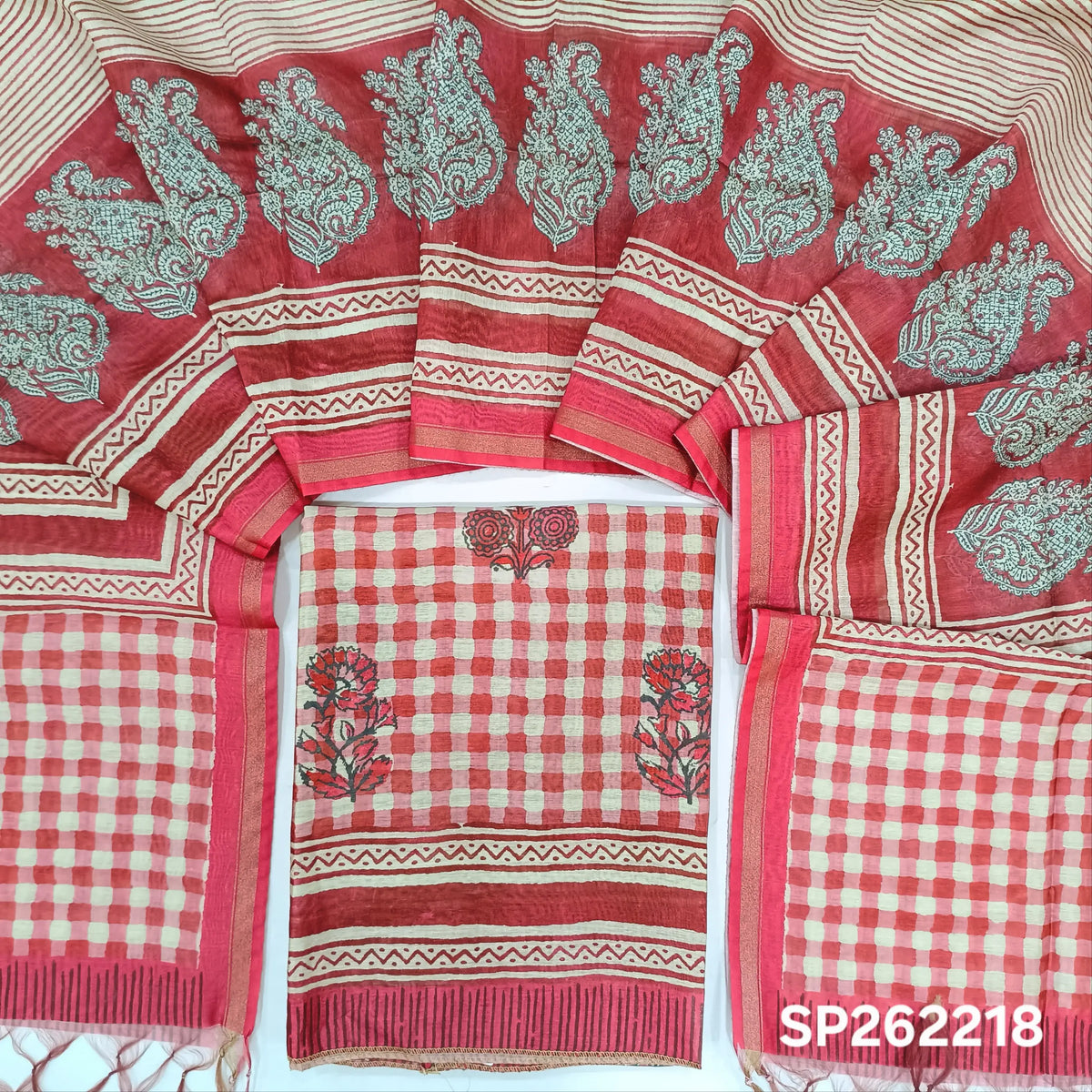 Pink shade digital printed premium chanderi silk cotton unstitched salwar material,checked all over(lining needed)NO BOTTOM, digital printed silk cotton dupatta. SP262218