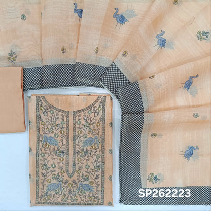 Pastel peach digital printed silk cotton unstitched salwar material,printed with zari and faux mirror work on yoke,printed daman,(lining needed)santoon bottom, digital printed silk cotton dupatta with contrast borders. SP262223