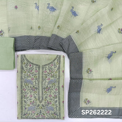 Pastel green digital printed silk cotton unstitched salwar material,printed with zari and faux mirror work on yoke,printed daman,(lining needed)santoon bottom, digital printed silk cotton dupatta with contrast borders. SP262222