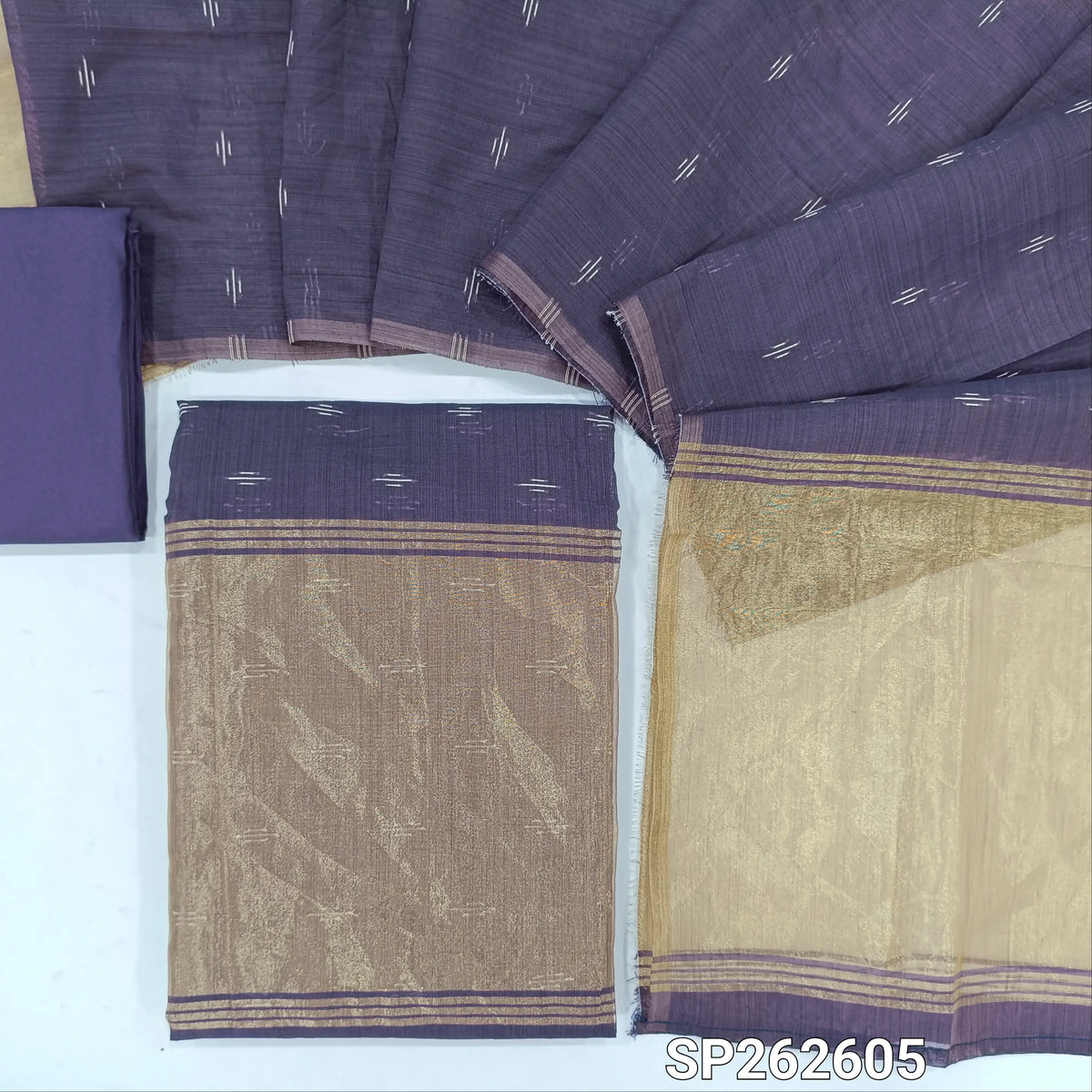 Dark blue silk cotton unstitched salwar material,thread weaving all over, tissue daman,(Thin, Lining Needed)silky bottom,thread woven on silk cotton dupatta with tissue pallu. SP262606