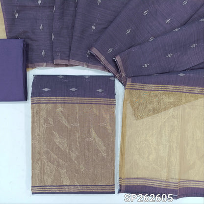 Dark blue silk cotton unstitched salwar material,thread weaving all over, tissue daman,(Thin, Lining Needed)silky bottom,thread woven on silk cotton dupatta with tissue pallu. SP262606