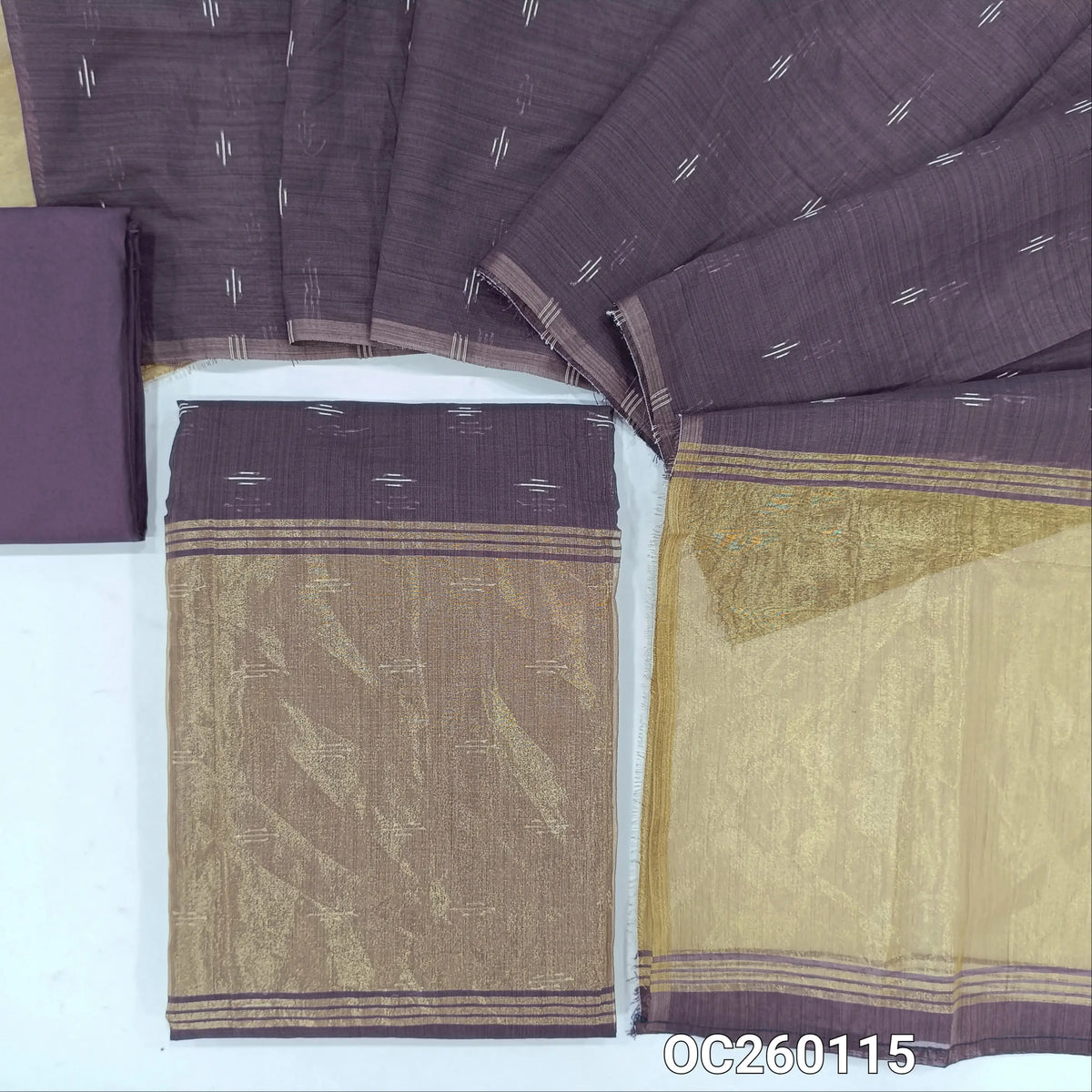 Purple silk cotton unstitched salwar material,thread weaving all over, tissue daman,(Thin, Lining Needed)silky bottom,thread woven on silk cotton dupatta with tissue pallu. OC260115
