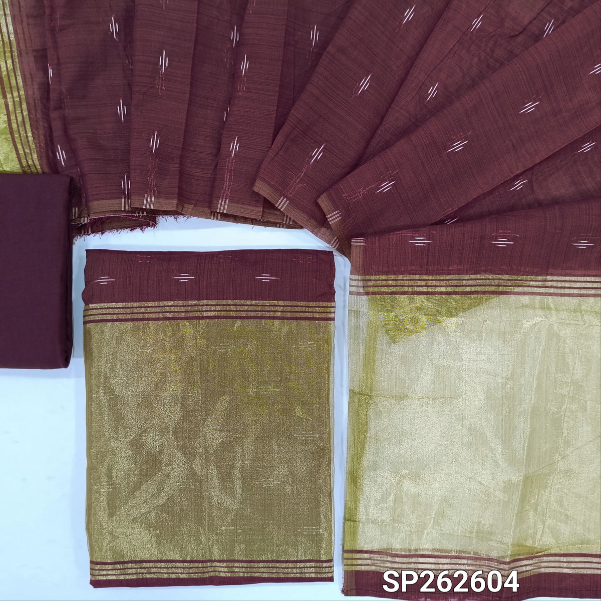 Dark maroon silk cotton unstitched salwar material,thread weaving all over, tissue daman,(Thin, Lining Needed)silky bottom,thread woven on silk cotton dupatta with tissue pallu. SP262607