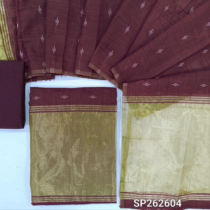 Dark maroon silk cotton unstitched salwar material,thread weaving all over, tissue daman,(Thin, Lining Needed)silky bottom,thread woven on silk cotton dupatta with tissue pallu. SP262607