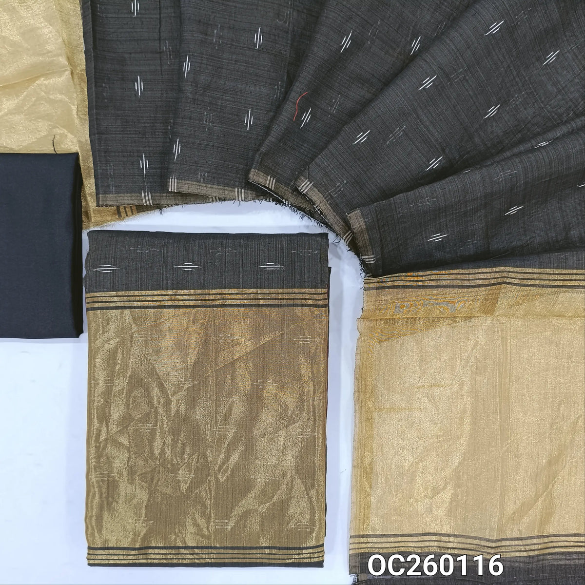 Black silk cotton unstitched salwar material,thread weaving all over, tissue daman,(Thin, Lining Needed)silky bottom,thread woven on silk cotton dupatta with tissue pallu. OC260116