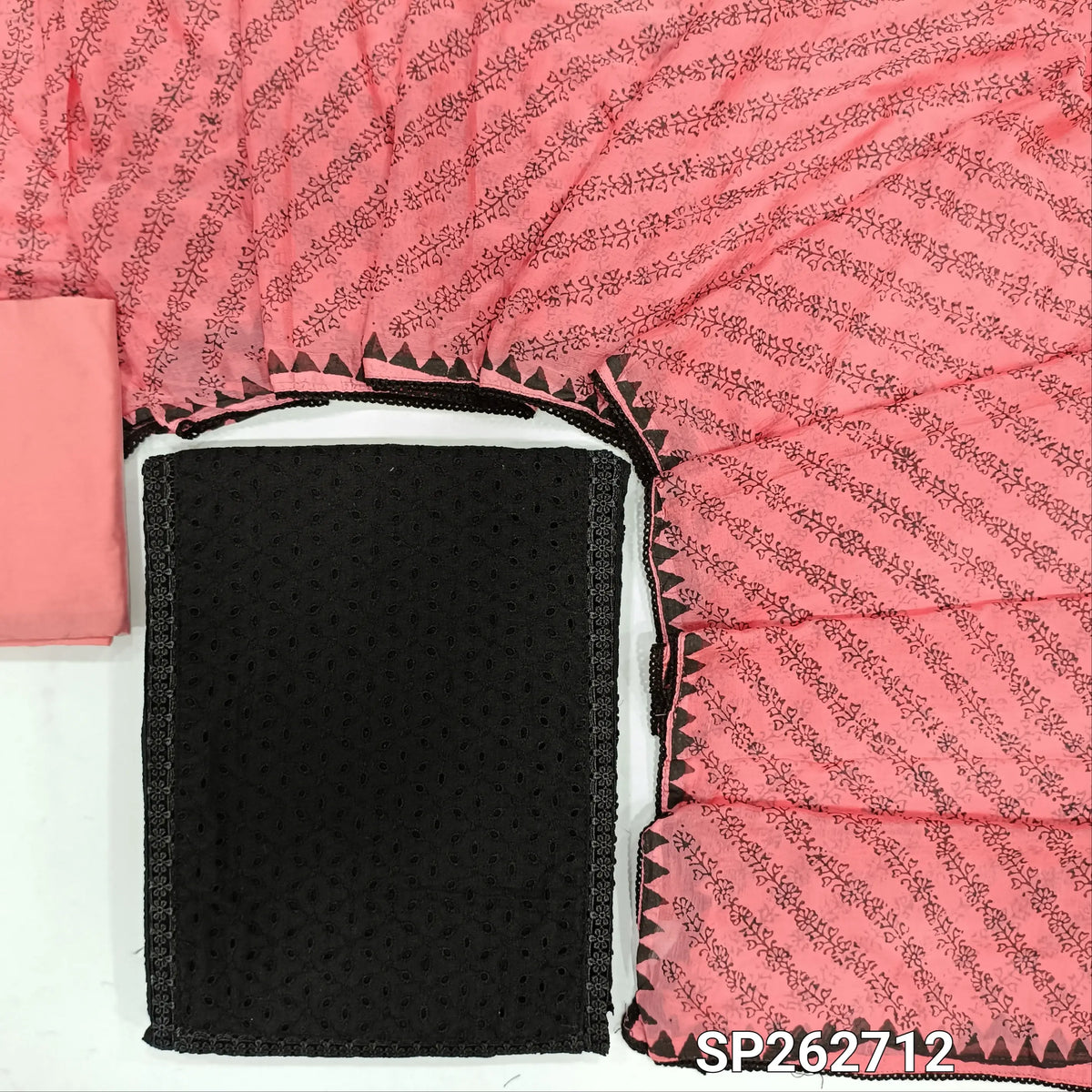 Black schiffli embroidered pure cotton unstitched salwar material,lace detail on panel(Thin, Lining Needed)pink silk cotton bottom block printed chiffon dupatta. SP262712
