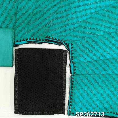 Black schiffli embroidered pure cotton unstitched salwar material,lace detail on panel(Thin, Lining Needed)pastel blue silk cotton bottom block printed chiffon dupatta. SP262713