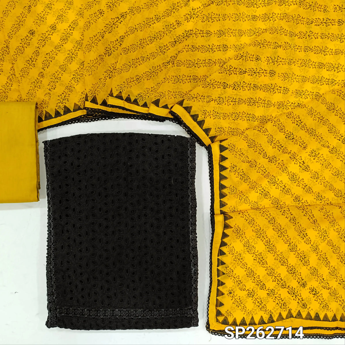 Black schiffli embroidered pure cotton unstitched salwar material,lace detail on panel(Thin, Lining Needed)mehandhi yellow silk cotton bottom block printed chiffon dupatta. SP262714