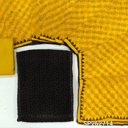 Black schiffli embroidered pure cotton unstitched salwar material,lace detail on panel(Thin, Lining Needed)mehandhi yellow silk cotton bottom block printed chiffon dupatta. SP262714