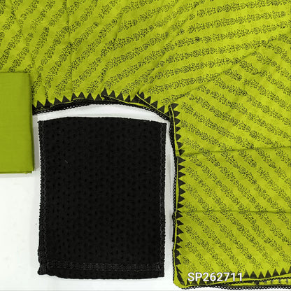 Black schiffli embroidered pure cotton unstitched salwar material,lace detail on panel(Thin, Lining Needed)green silk cotton bottom block printed chiffon dupatta. SP262711
